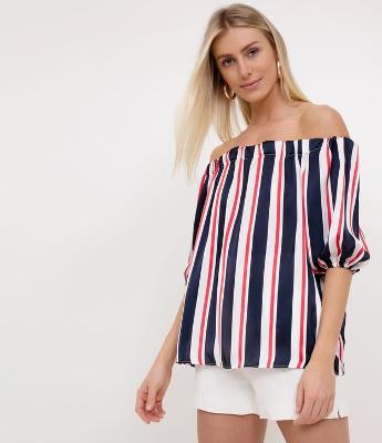 Blusa Ombro a Ombro em Cetim Listrada 