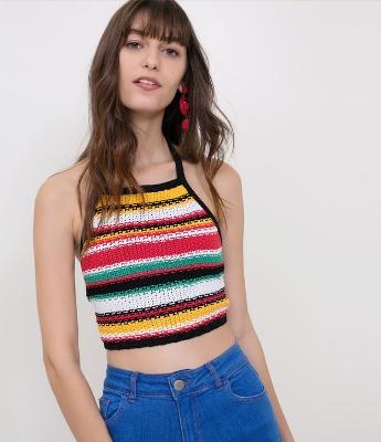 Blusa Cropped Listrado em Retilínea 