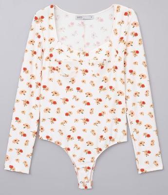 Body Branco Floral Manga Longa 