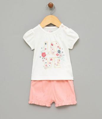 Conjunto Infantil Blusa com Estampa e Short Fofo Liso - Tam 0 a 18 meses