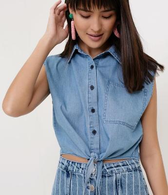 Regata Cropped Jeans com Botões 