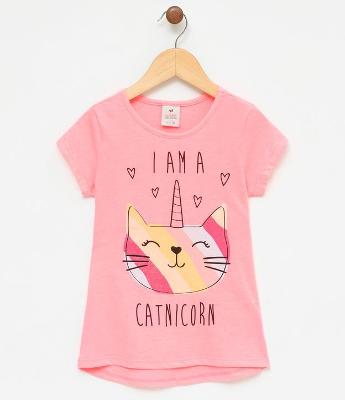 Blusa Infantil com Estampa Gato Unicórnio - Tam 5 a 14