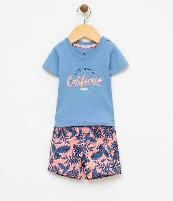 Conjunto Infantil Camiseta com Estampa e Bermuda Estampada - Tam 0 a 18 meses