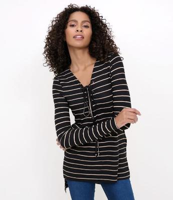 Blusa Listrada com Amarração Preta