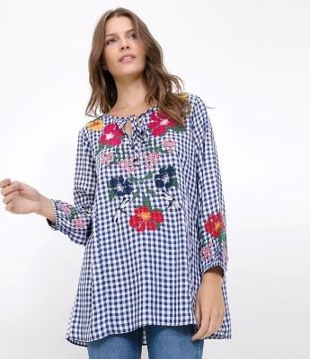 Blusa Xadrez Vichy Bordada com Manga 3/4