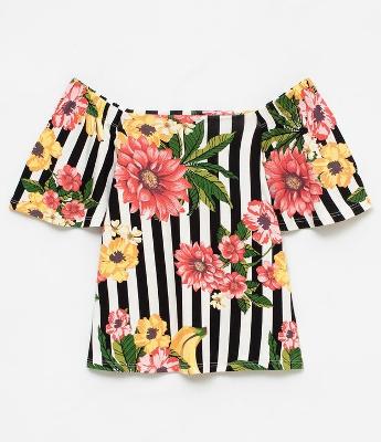 Blusa Ombro a Ombro Listrada Floral