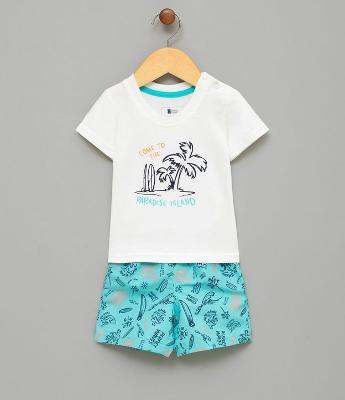 Conjunto Infantil Camiseta com Estampa e Bermuda Estampada - Tam 0 a 18 meses