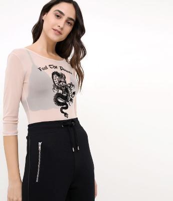 Body em Tule com Estampa Bege 