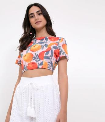 Blusa Cropped Estampada com Laranjas 