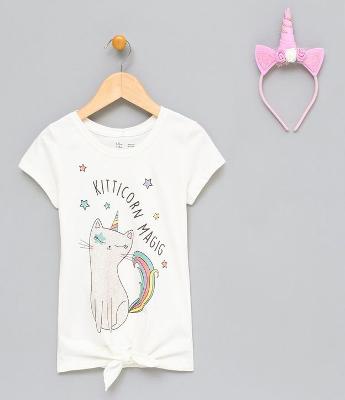 Blusa Infantil Estampada com Tiara - Tam 5 a 14