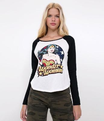 Blusa Manga Longa com Estampa Mulher Maravilha 