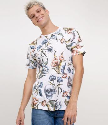 Camiseta Estampada Floral e Caveiras  NOME PRODUTO