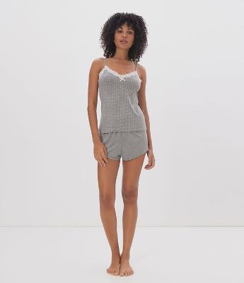 Short Doll Poá Mescla com Renda 
