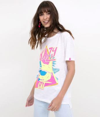 Blusa com Estampa Crazy Cat em Neon