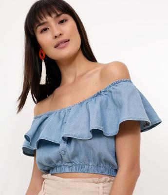 Blusa Jeans Cropped Ombro a Ombro 