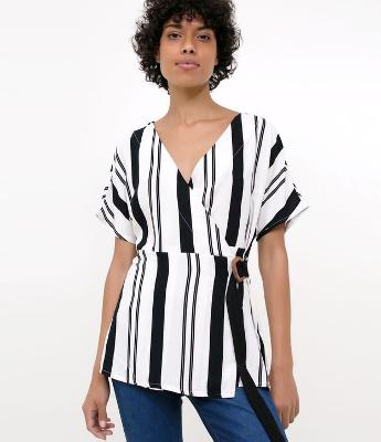 Blusa Listrada com Amarração em Linho